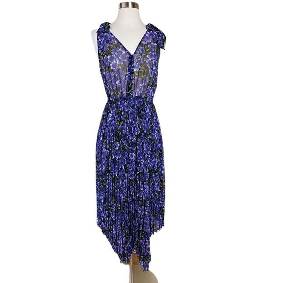 THE KOOPLES Maxi Dress Hortensia Purple Hydrangea Floral Chiffon Asymmetrical Sm - Picture 1 of 12
